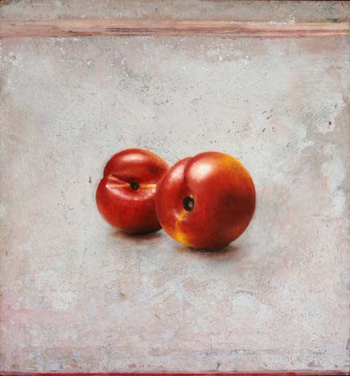 _Zwei Nektarinen_ Acryl, Lack, Öl auf Holz, 92 x 86 cm, 2014, © Michael Lauterjung.jpg Zwei Nektarinen, Mischt./Holz, 92x86cm, 2014